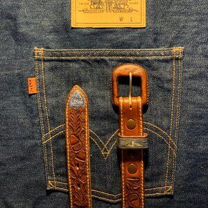 Vogt western hand tooled sterling silver acorn leaf embossed leather belt